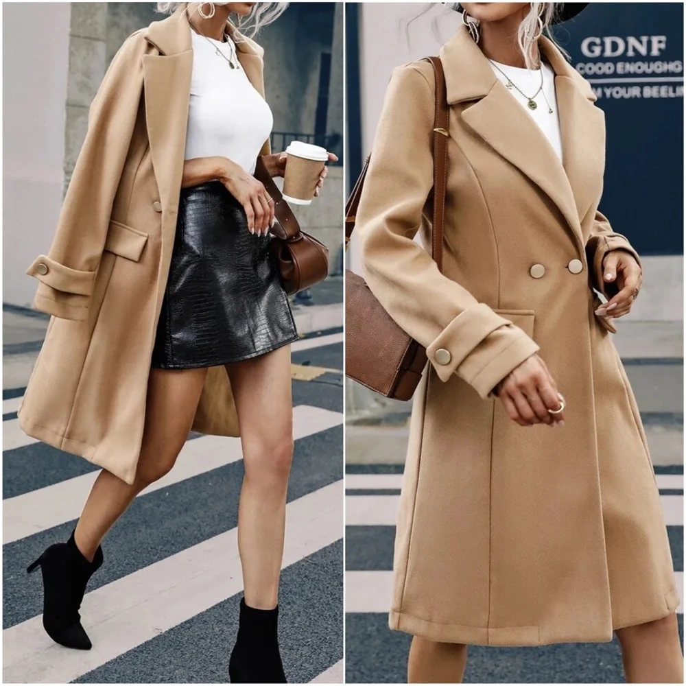 Cozy tan Button up Trench Jacket Coat - Picture 2 of 3